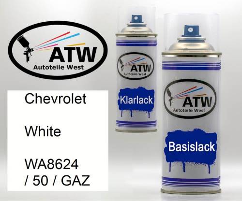 Chevrolet, White, WA8624 / 50 / GAZ: 400ml Sprühdose + 400ml Klarlack - Set, von ATW Autoteile West.